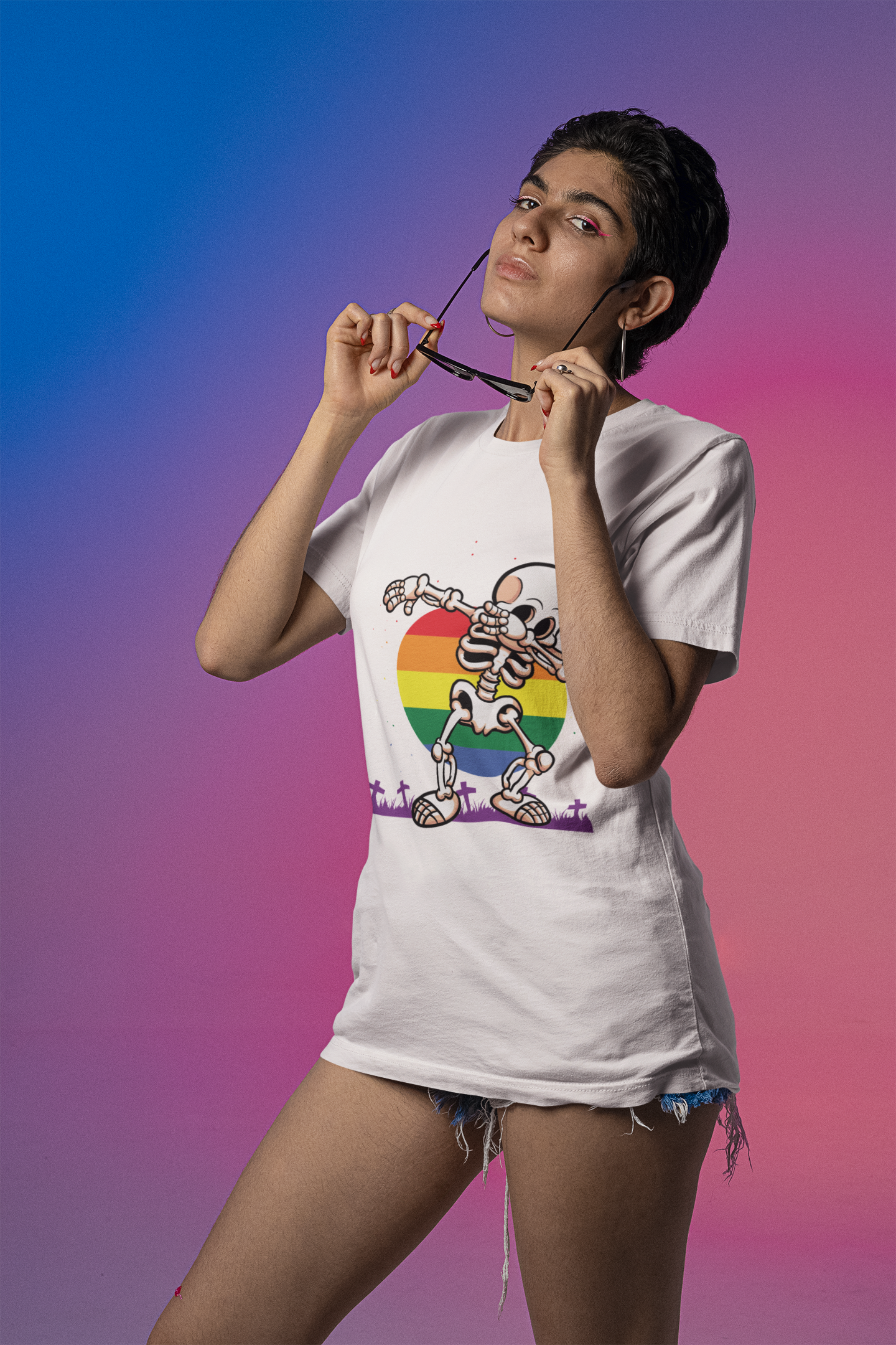 Halloween Dabbing Skeleton Celebrating LGBTQIA+ Pride - Unisex Casual Tee