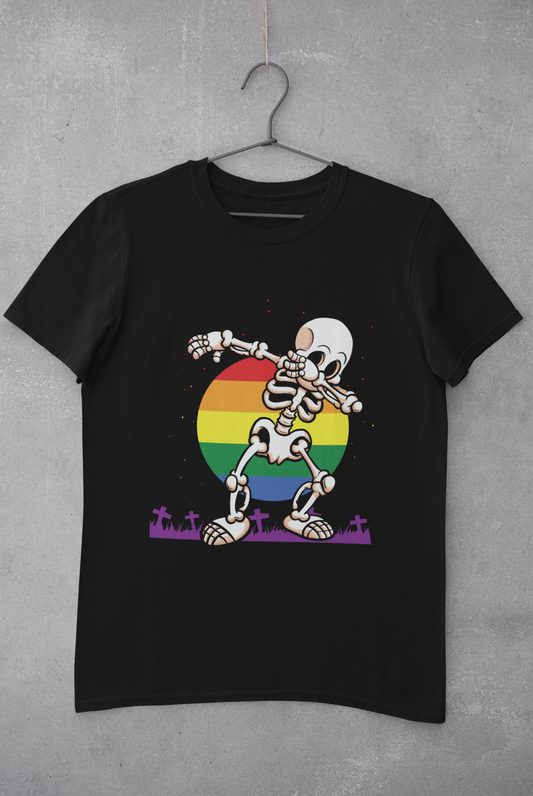 Halloween Dabbing Skeleton Celebrating LGBTQIA+ Pride - Unisex Casual Tee